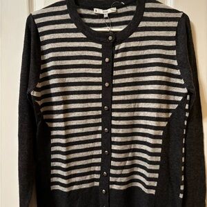 NWT Cashmere Blend Cardigan sweater heather and charcoal grey stipe.